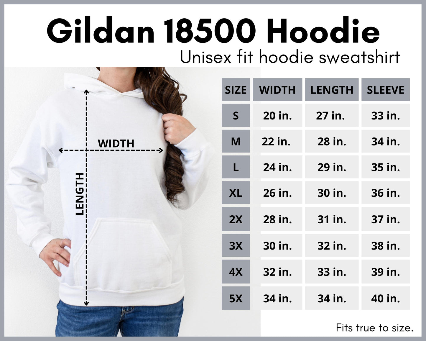 Gildan 18500 unisex hoodie size chart