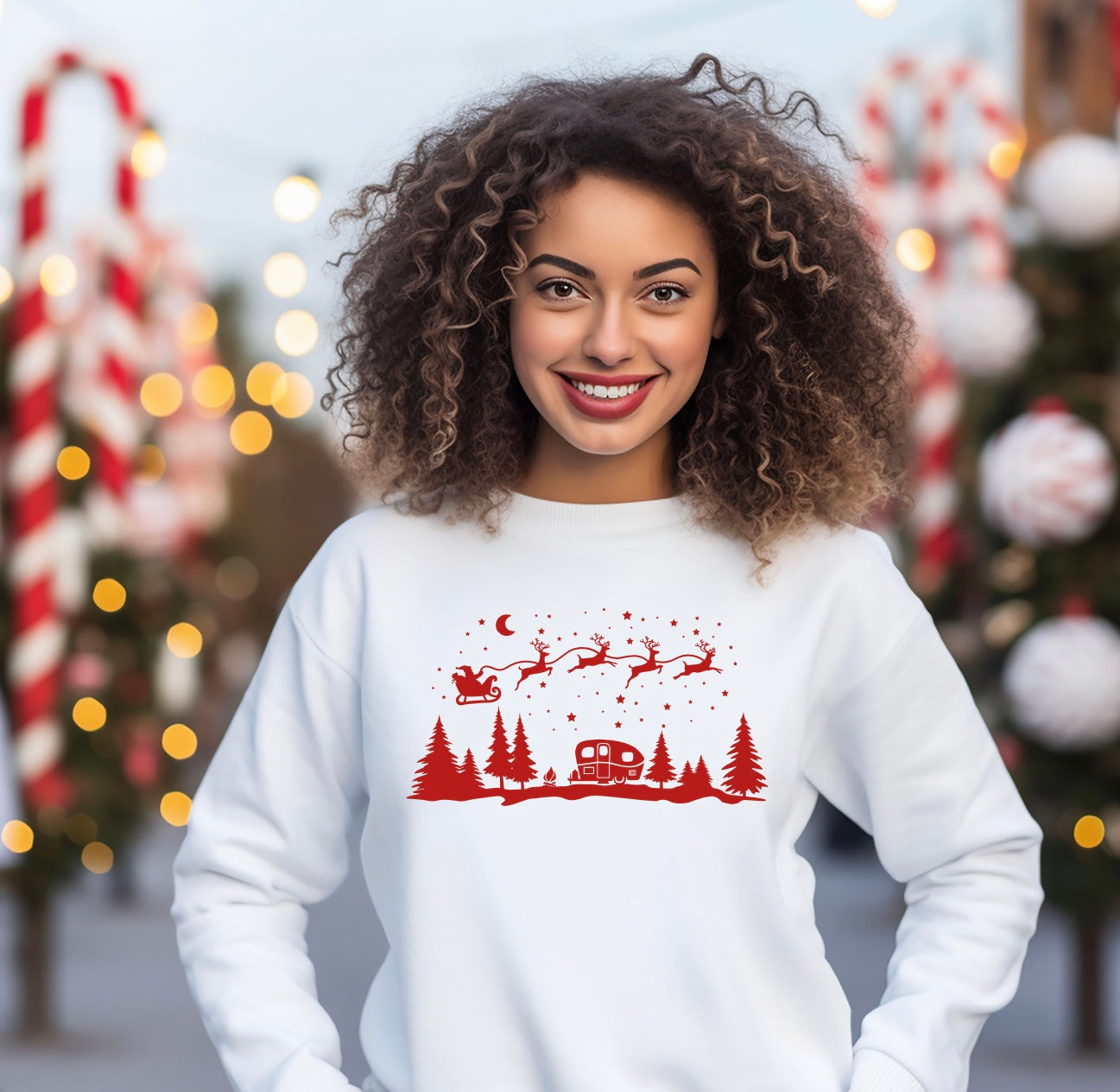 Christmas Camping Graphic unisex crewneck sweatshirt in white