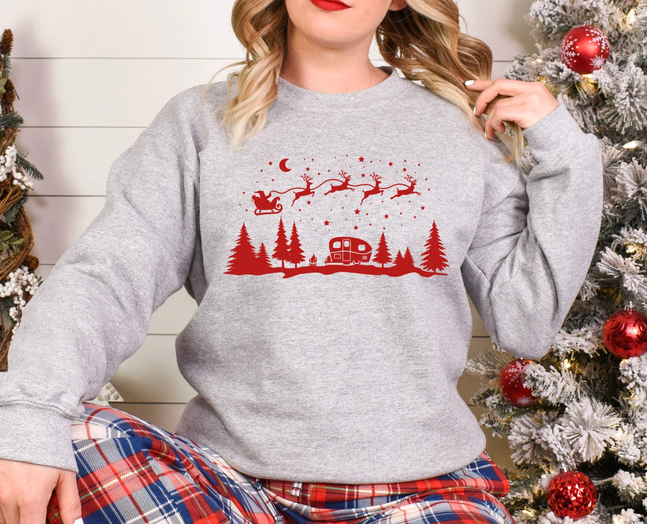 Christmas Camping Graphic unisex crewneck sweatshirt in grey