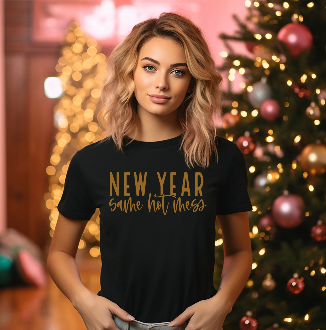 Women's New Year Same Hot Mess Leopard T-Shirt - Funny Graphic Tee, Short Sleeve, Light Grey