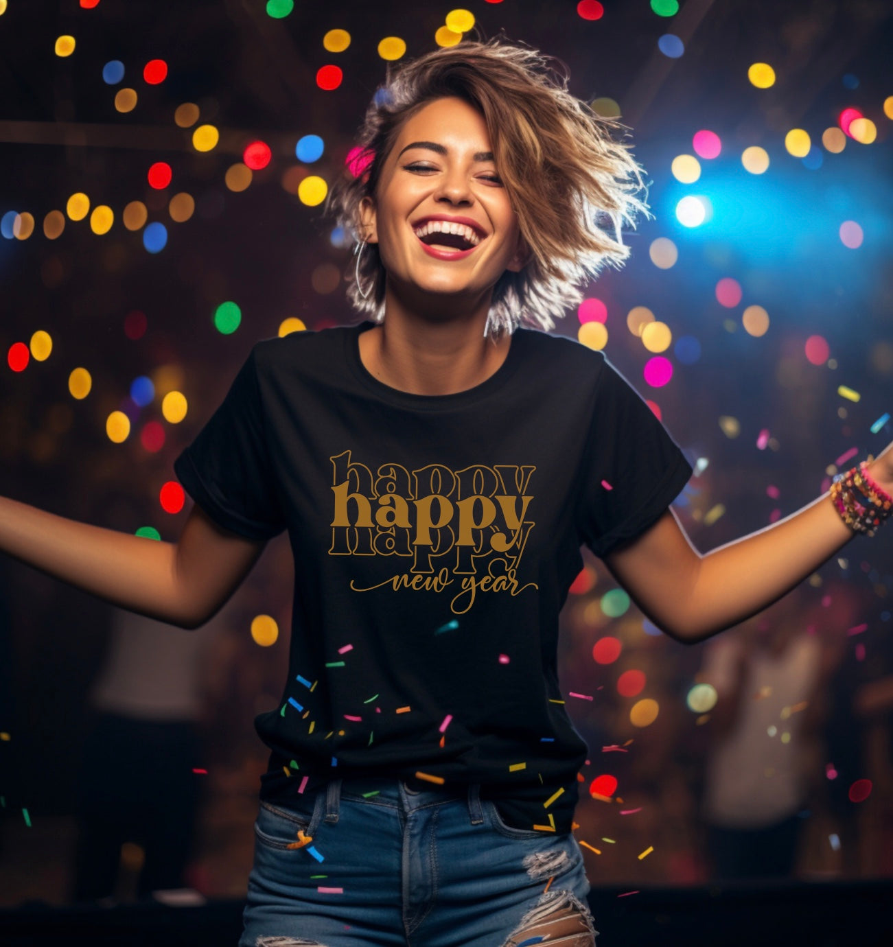 happy new year unisex t-shirt in black with gold graphic