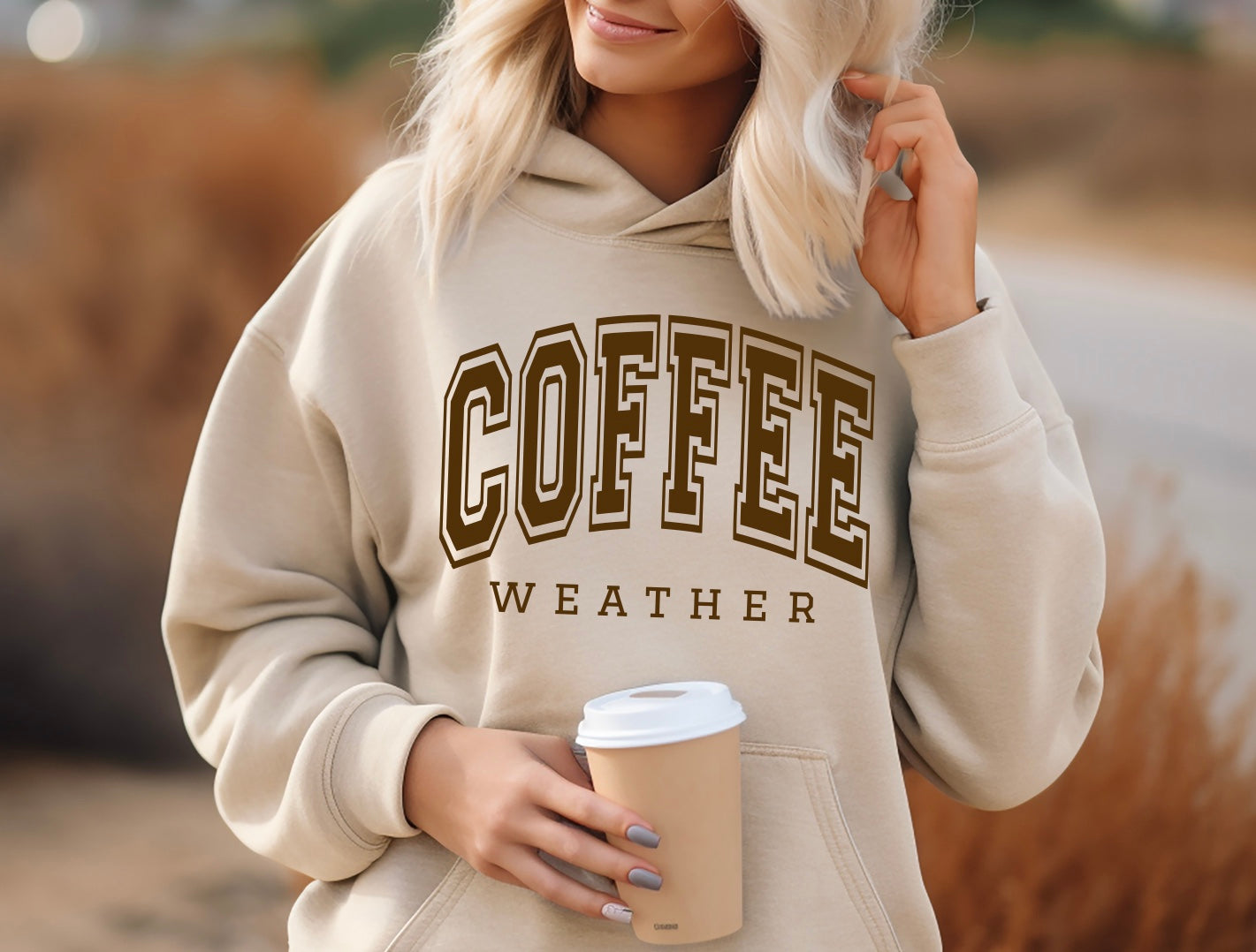 Coffee weather hoodie in sand with brown lettering
