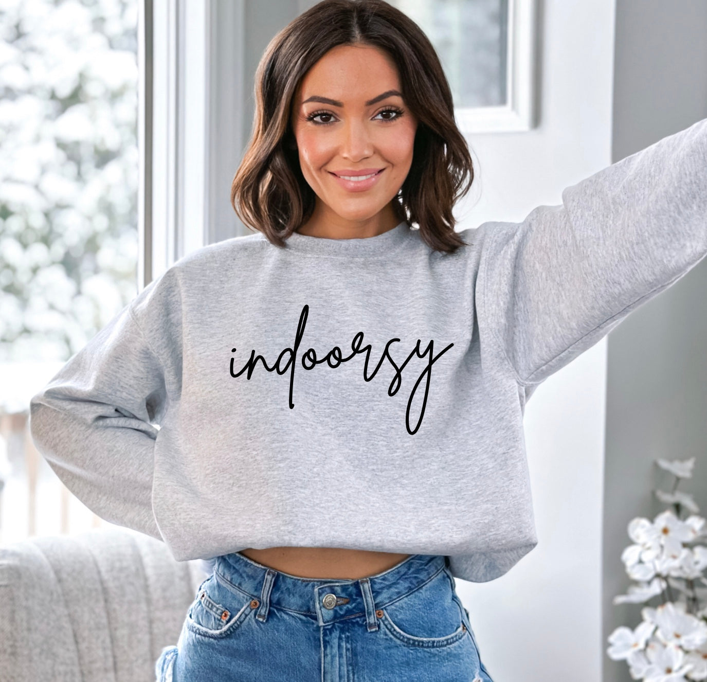 Indoorsy cursive script Gildan unisex crewneck in grey