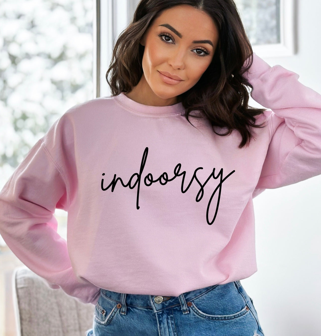 Indoorsy cursive script Gildan unisex crewneck in pink