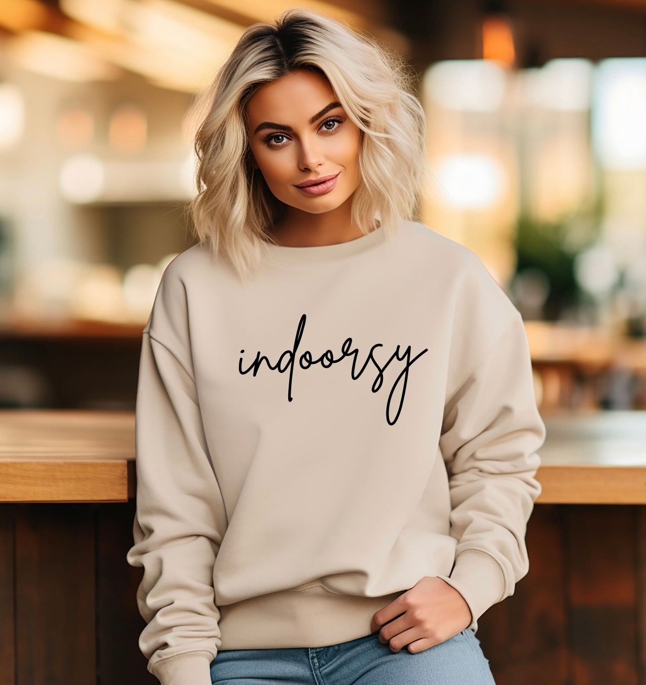 Indoorsy cursive script Gildan unisex crewneck in sand