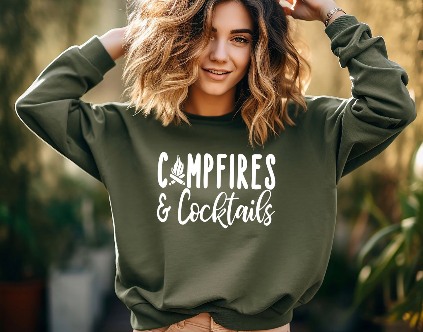 Campfires and cocktails unisex Gildan crewneck sweatshirt in military green
