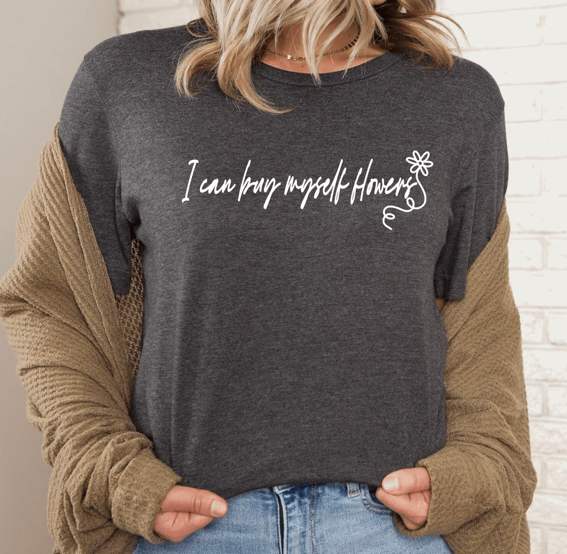 I can buy myself flowers Miley Cyrus minimalist t-shirt for women in heather dark grey