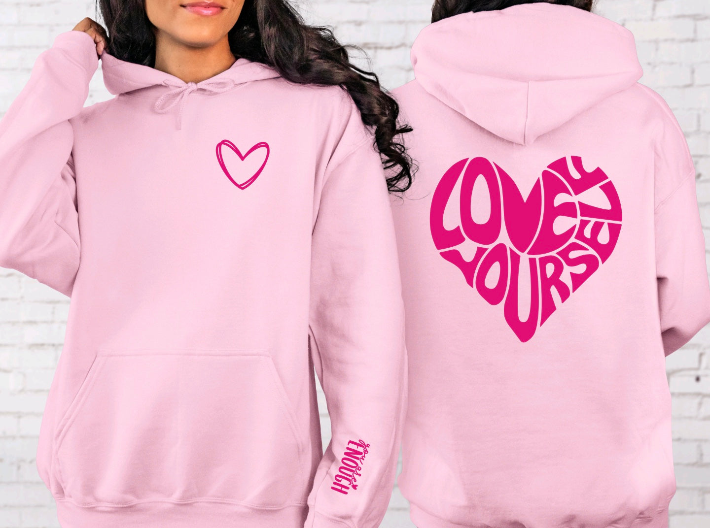 Love yourself unisex hoodie with sleeve design in pink with pink graphic
