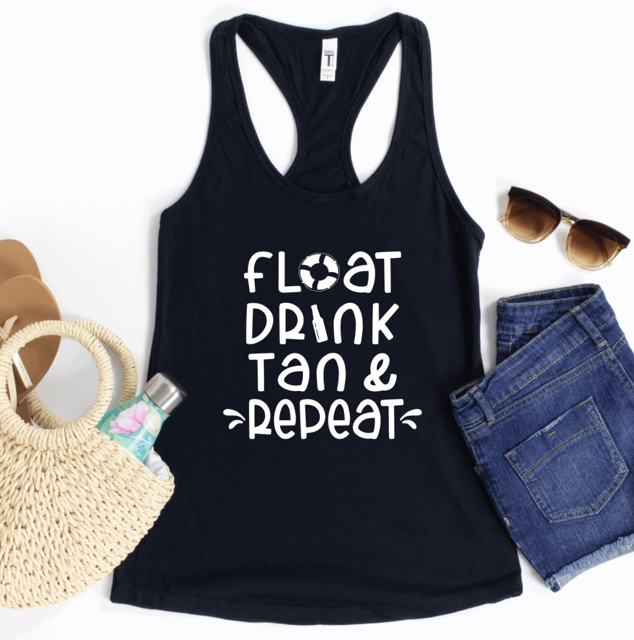 Float drink tan repeat racerback tank top