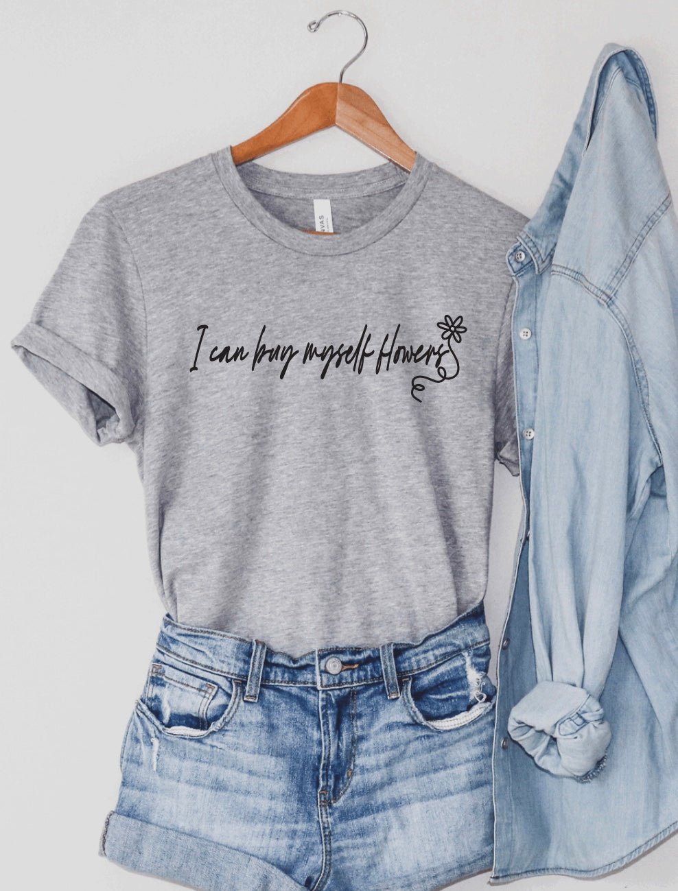 I can buy myself flowers Miley Cyrus minimalist t-shirt for women in heather light grey