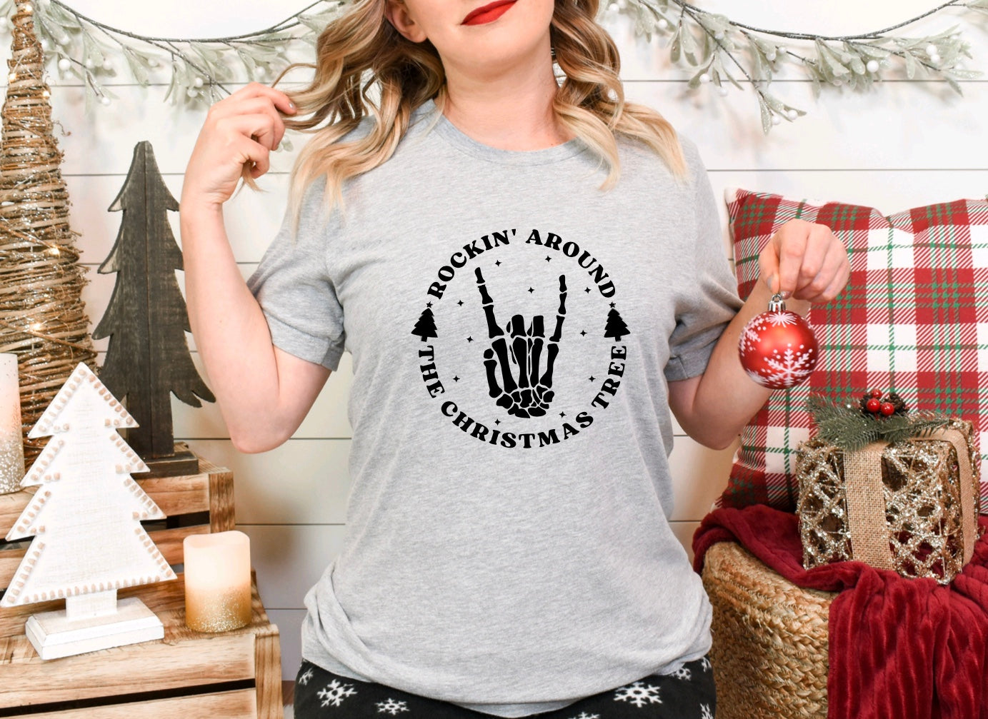 Rockin around the Christmas tree skeleton hand unisex Christmas t-shirt in grey