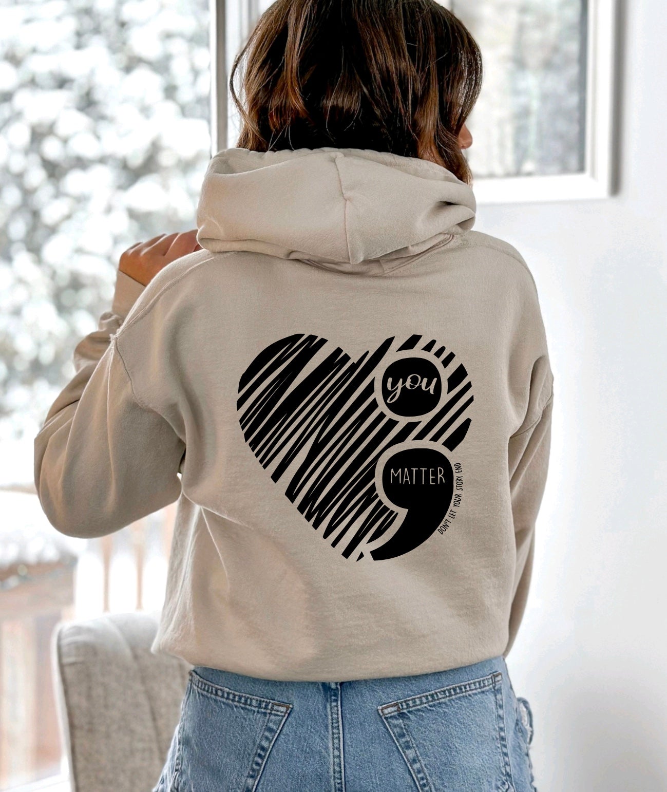 You matter- semi colon suicide prevention unisex hoodie in sand with sleeve graphic