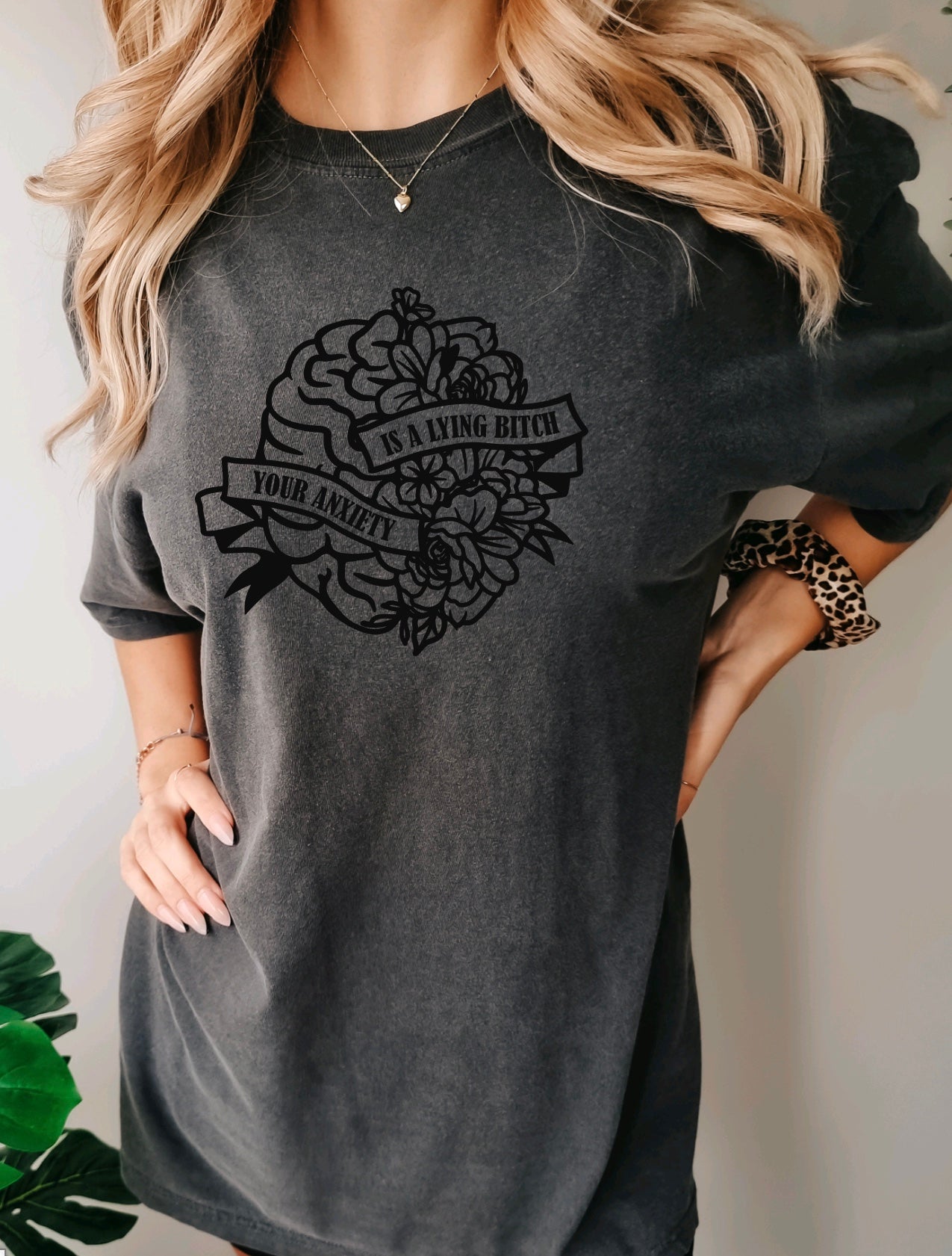 Your anxiety is a lying bitch comfort colors t-shirt with floral brain design in pepper dark grey