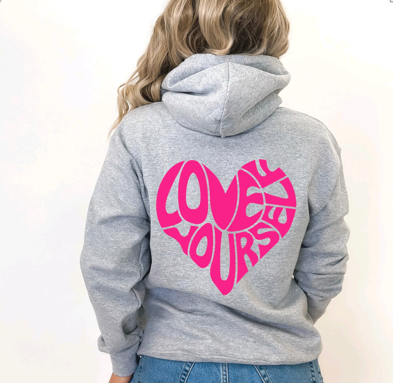 Love yourself unisex hoodie with sleeve design in grey with pink graphic