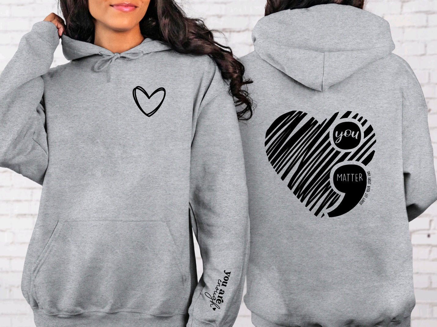 You matter- semi colon suicide prevention unisex hoodie in grey with sleeve graphic