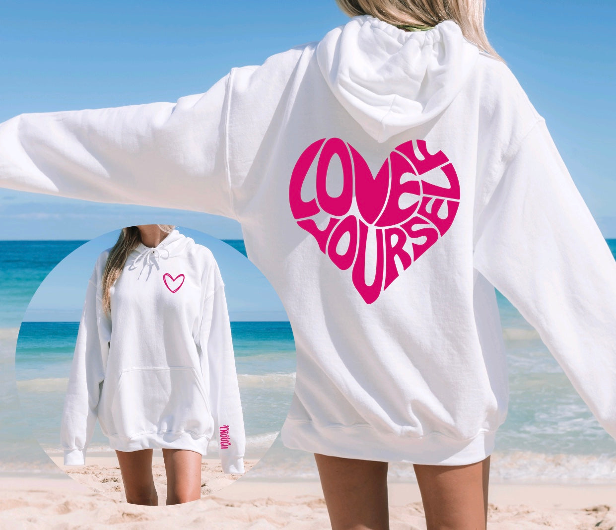 Love yourself unisex hoodie with sleeve design in white with pink graphic