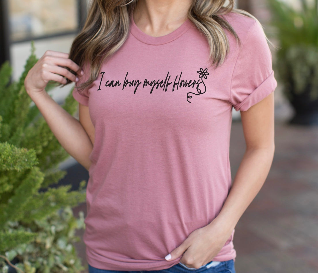 I can buy myself flowers Miley Cyrus minimalist t-shirt for women in heather mauve