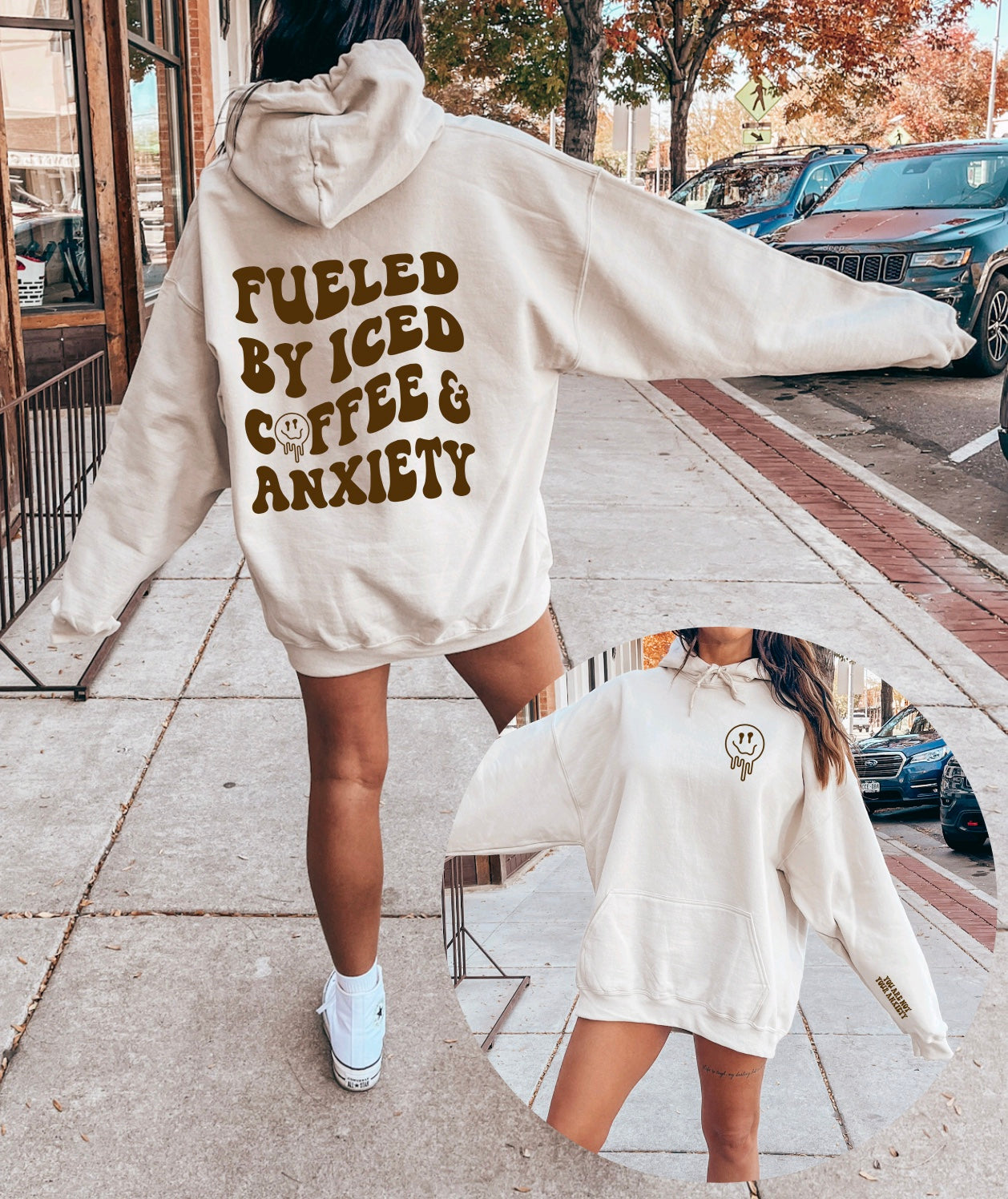 Fueled by iced coffee and anxiety unisex hoodie with front and back graphic in sand with brown graphic and daily reminder on sleeve
