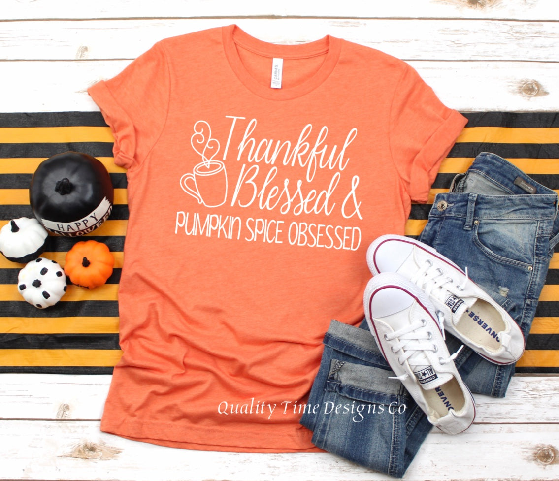 Thankful blessed and pumpkin spice obsessed t-shirt