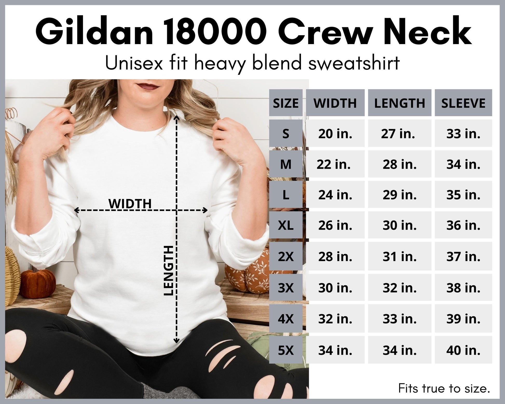 Gildan unisex crewneck sweatshirt size chart 