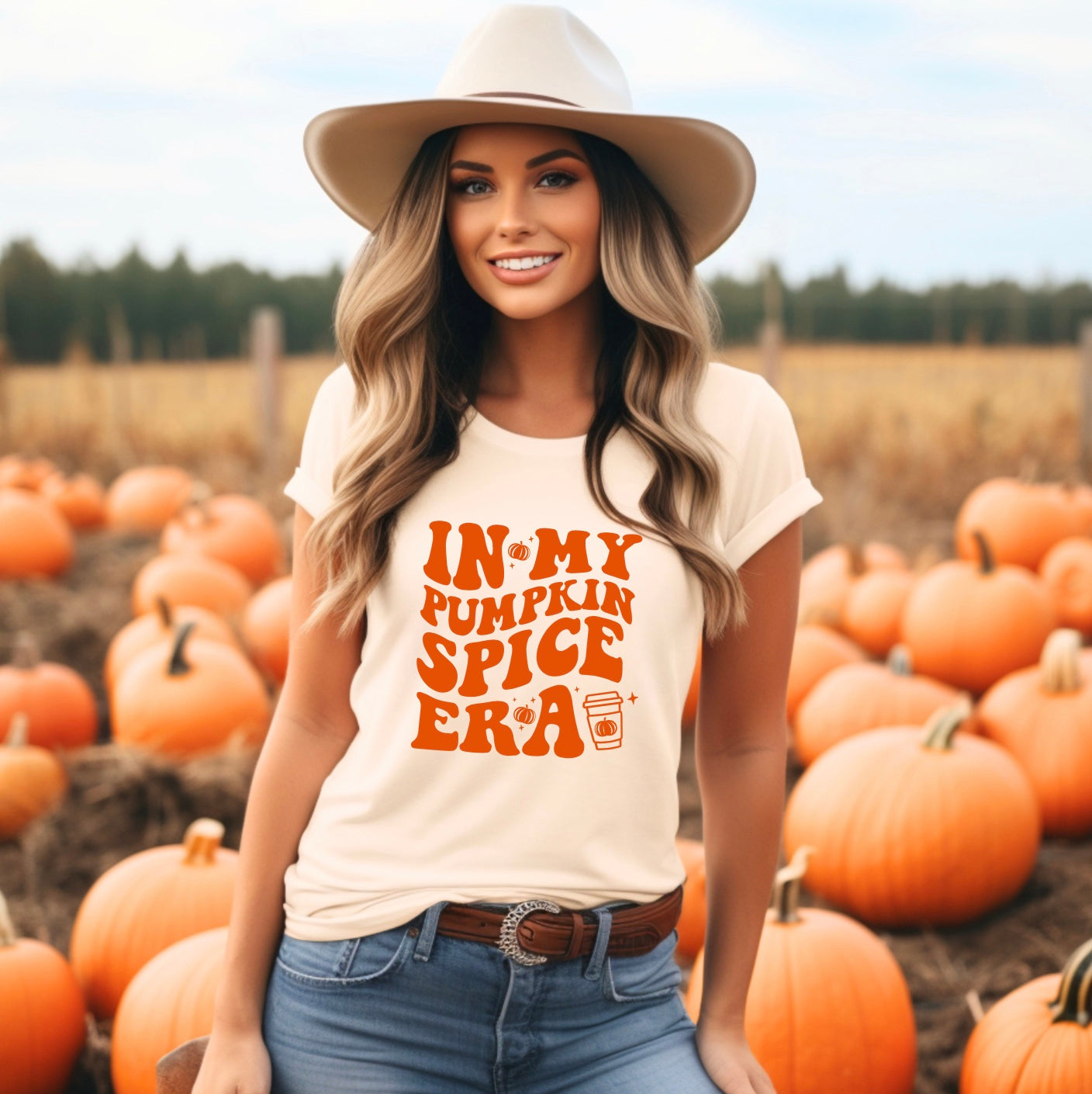 in my pumpkin spice era unisex t-shirt for women in natural with orange graphic