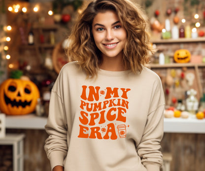 in my pumpkin spice era crewneck sweatshirt for women in sand with orange graphic
