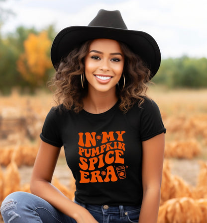in my pumpkin spice era unisex t-shirt for women in black with orange graphic