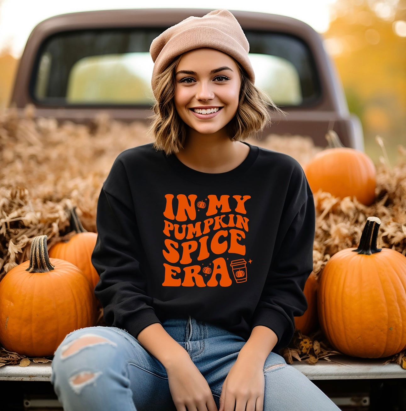in my pumpkin spice era crewneck sweatshirt for women in black with orange graphic