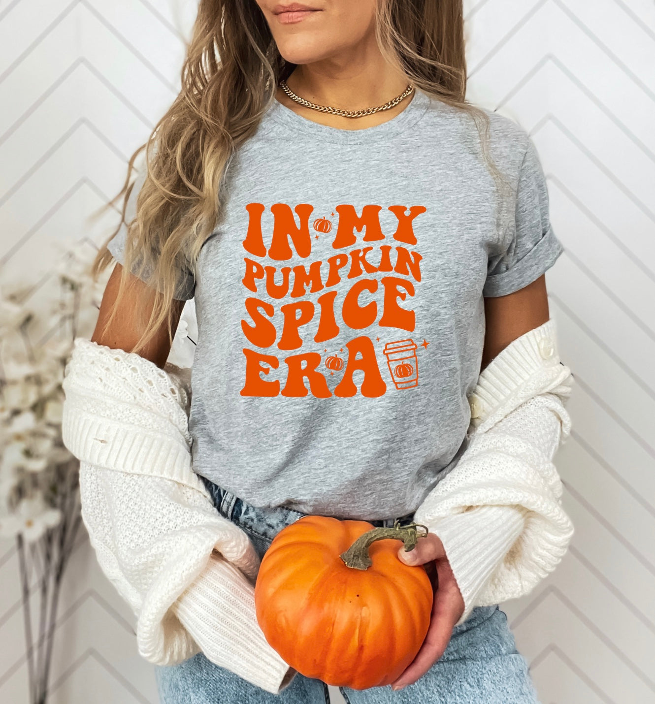 in my pumpkin spice era unisex t-shirt for women in grey with orange graphic