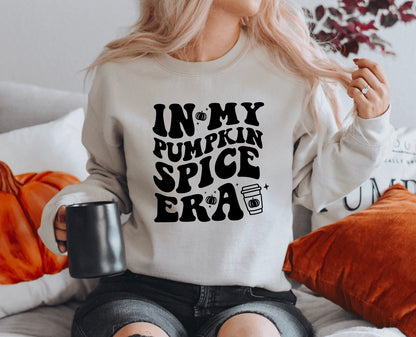 in my pumpkin spice era crewneck sweatshirt for women in sand with black graphic