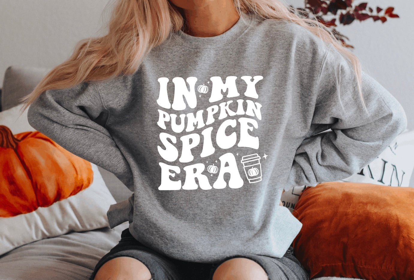 in my pumpkin spice era crewneck sweatshirt for women in grey with white graphic