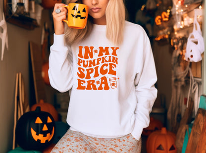 in my pumpkin spice era crewneck sweatshirt for women in white with orange graphic