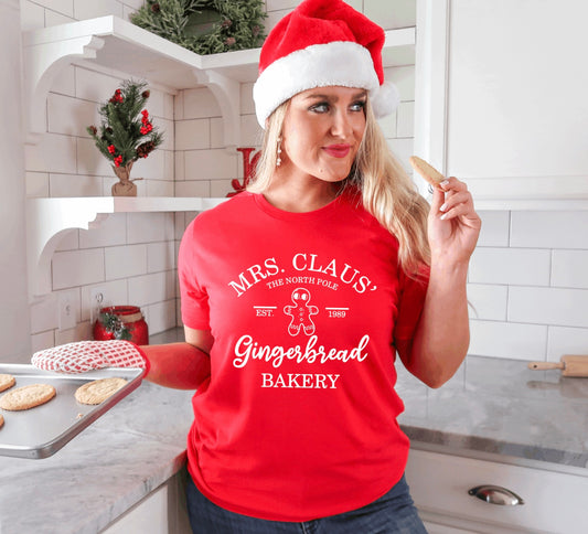 Mrs. Claus' Gingerbread bakery unisex t-shirt for women in red