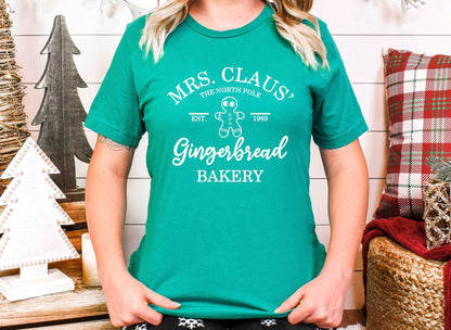 Mrs. Claus' Gingerbread bakery unisex t-shirt for women in green