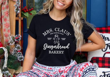 Mrs. Claus' Gingerbread bakery unisex t-shirt for women in black