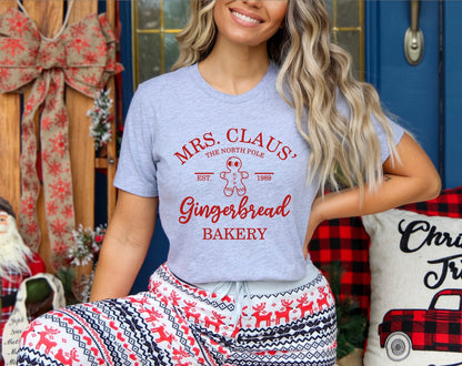 Mrs. Claus' Gingerbread bakery unisex t-shirt for women in grey