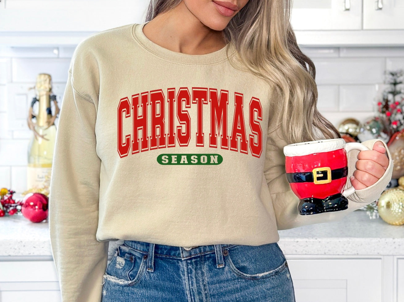 Christmas season varsity font unisex crewneck sweatshirt in sand