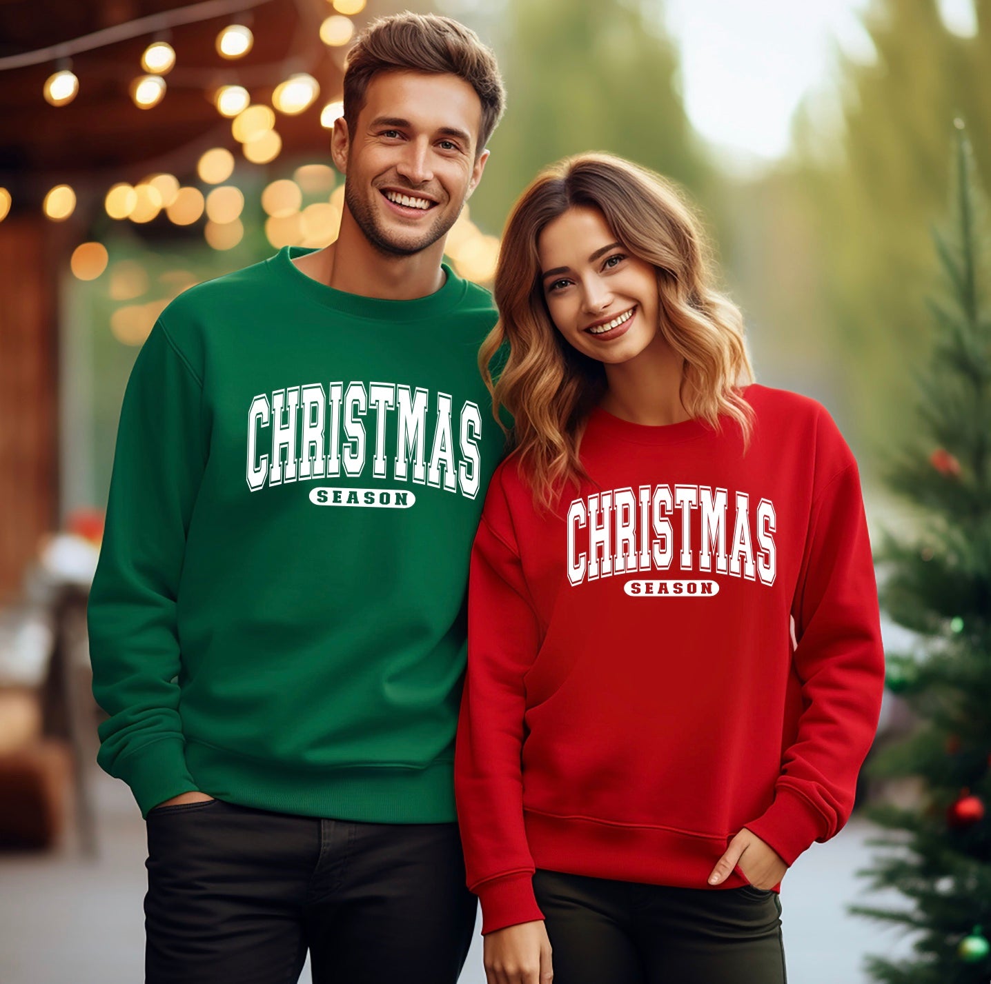 Christmas season varsity font unisex crewneck sweatshirt for couples in red and green