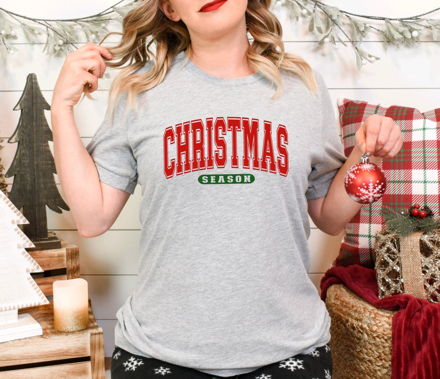 Christmas Season varsity font unisex t-shirt in grey with red and green graphic