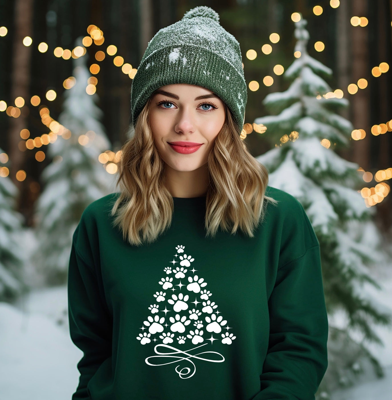 Paw print christmas tree graphic unisex crewneck sweatshirt in green