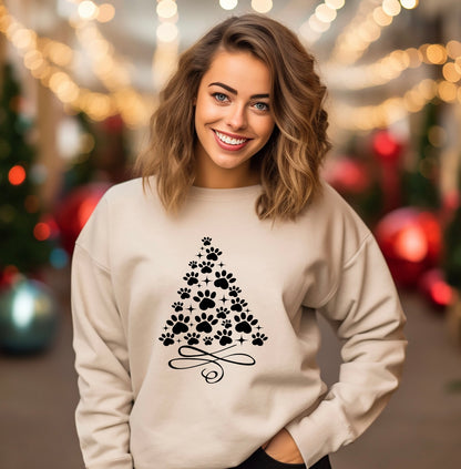 Paw print christmas tree graphic unisex crewneck sweatshirt in sand