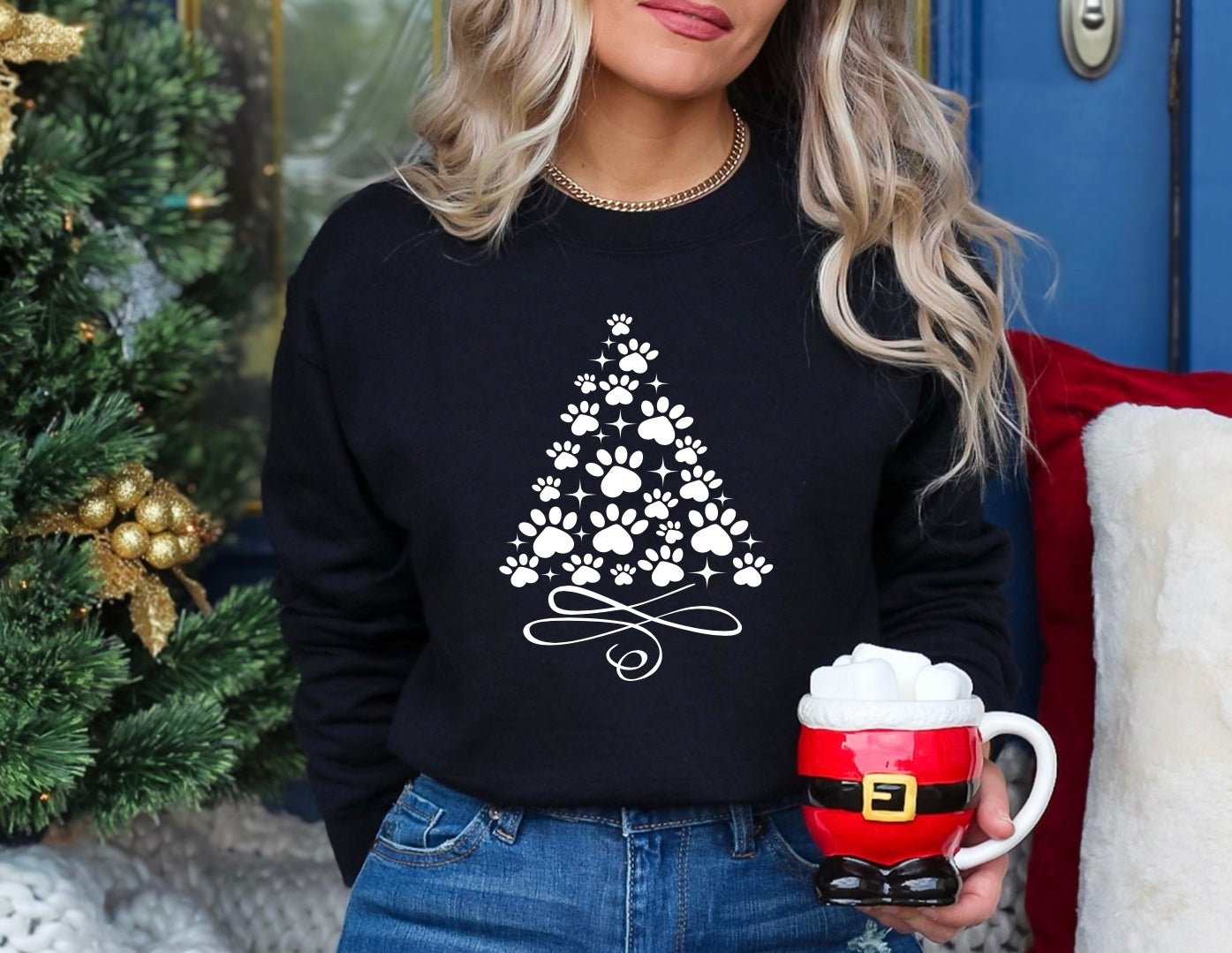 Paw print christmas tree graphic unisex crewneck sweatshirt in black