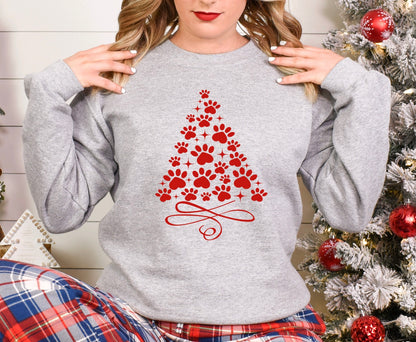 Paw print christmas tree graphic unisex crewneck sweatshirt in grey with red graphic