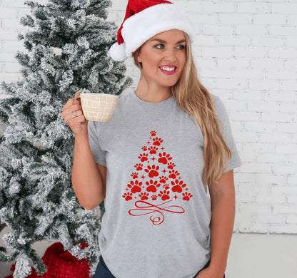 paw print Christmas tree graphic unisex t-shirt in grey with red graphic