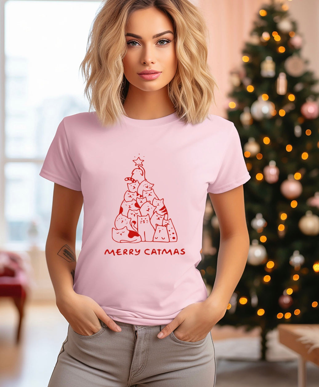 merry catmas Christmas t-shirt for cat lovers in pink