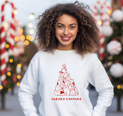 Merry Catmas unisex crewneck sweatshirt in white with red graphic