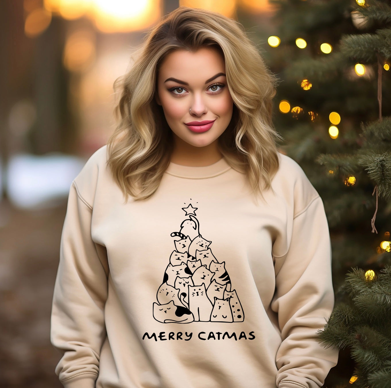 Merry Catmas unisex crewneck sweatshirt in sand with black graphic