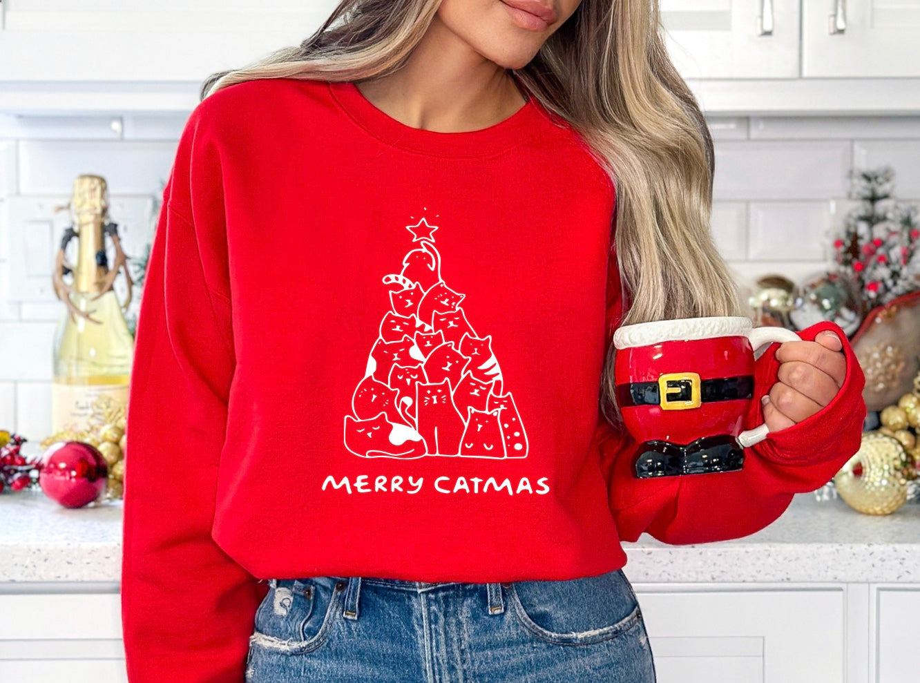 Merry Catmas unisex crewneck sweatshirt in red with white graphic
