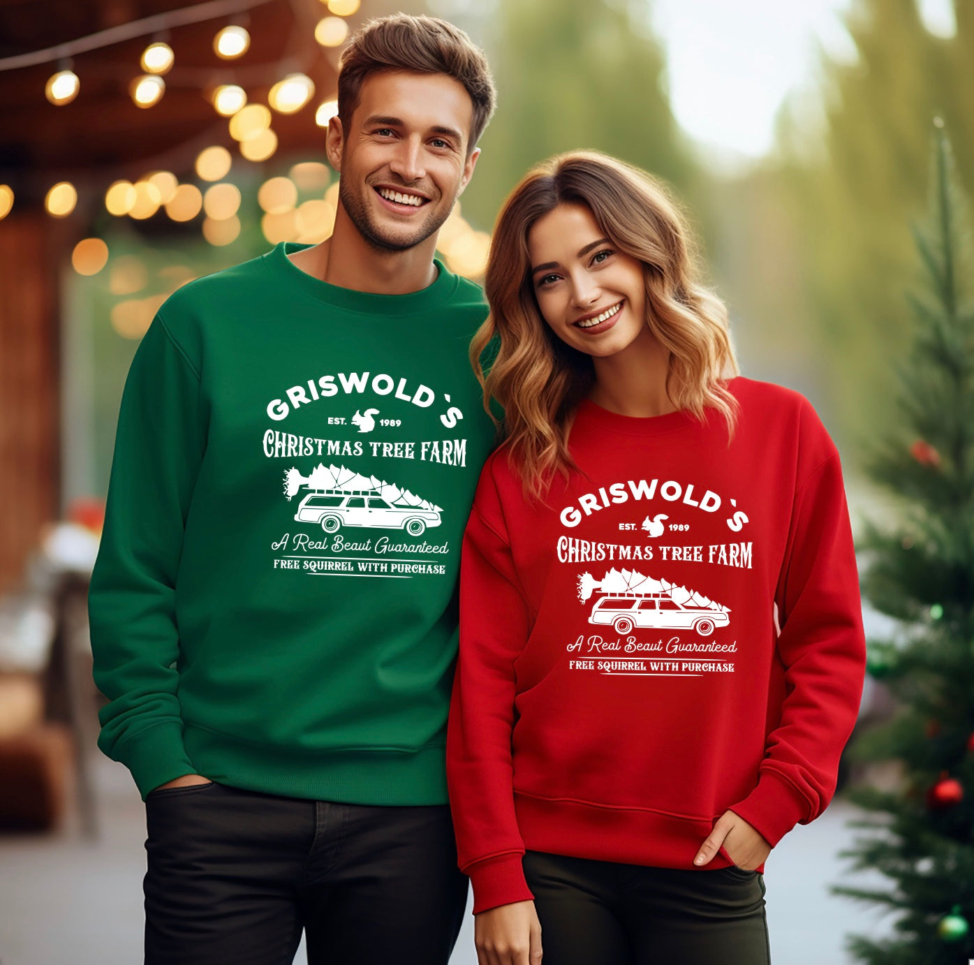 Griswold's Christmas tree farm unisex crewneck sweatshirt for couples in green and red