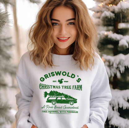 Griswold's Christmas tree farm unisex crewneck sweatshirt in white with green graphic